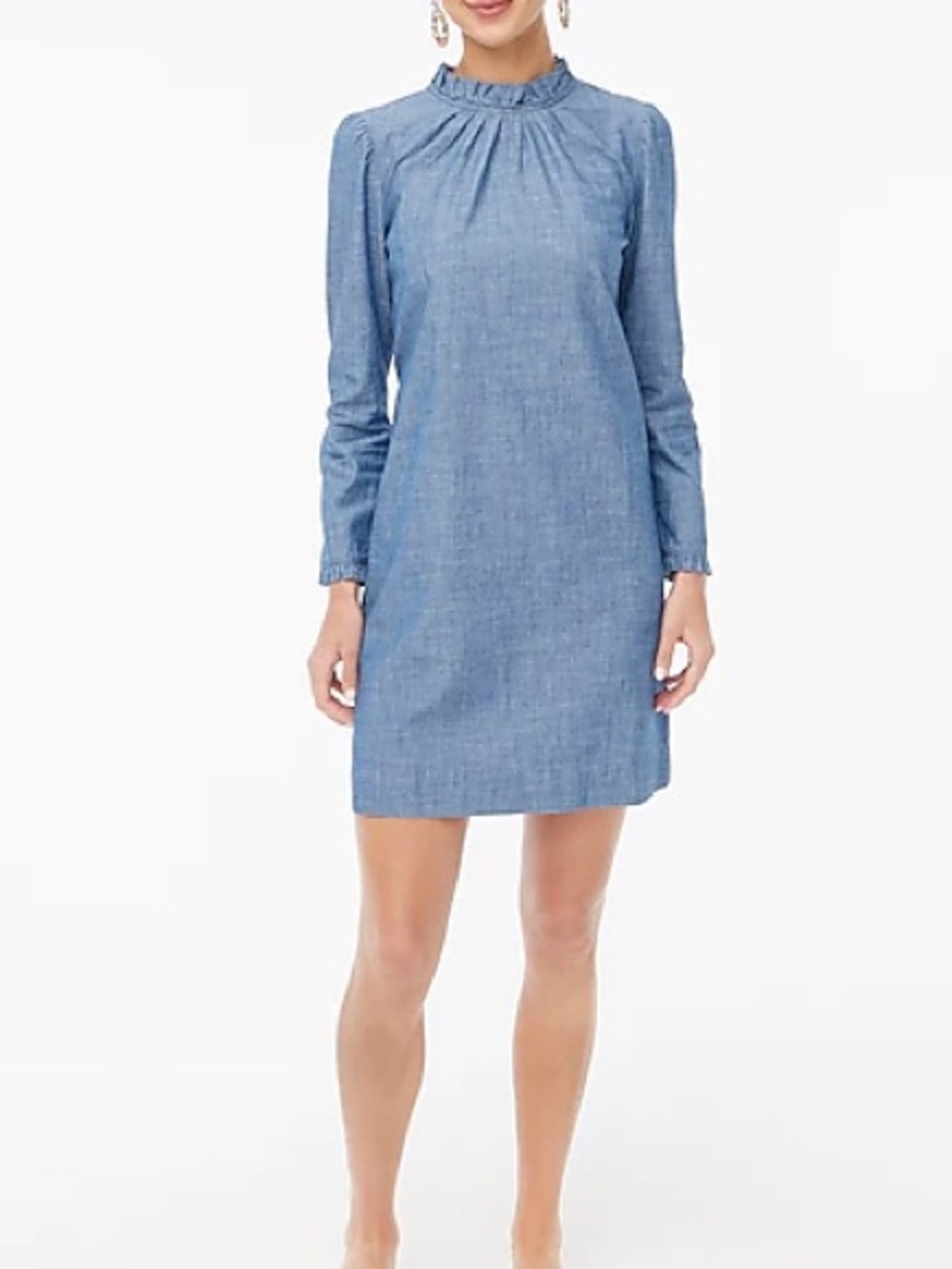 J.Crew NWT Chambray Ruffle Neck Shift Dress Blue Cotton Size 16